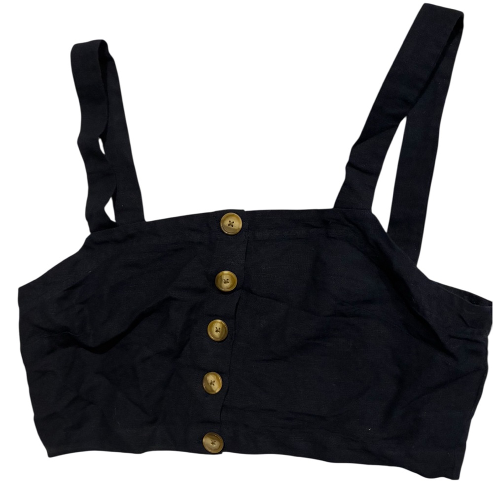 LOFT Buttoned Crop Top Womens Small Navy Blue W/ Tan Buttons And Smocking